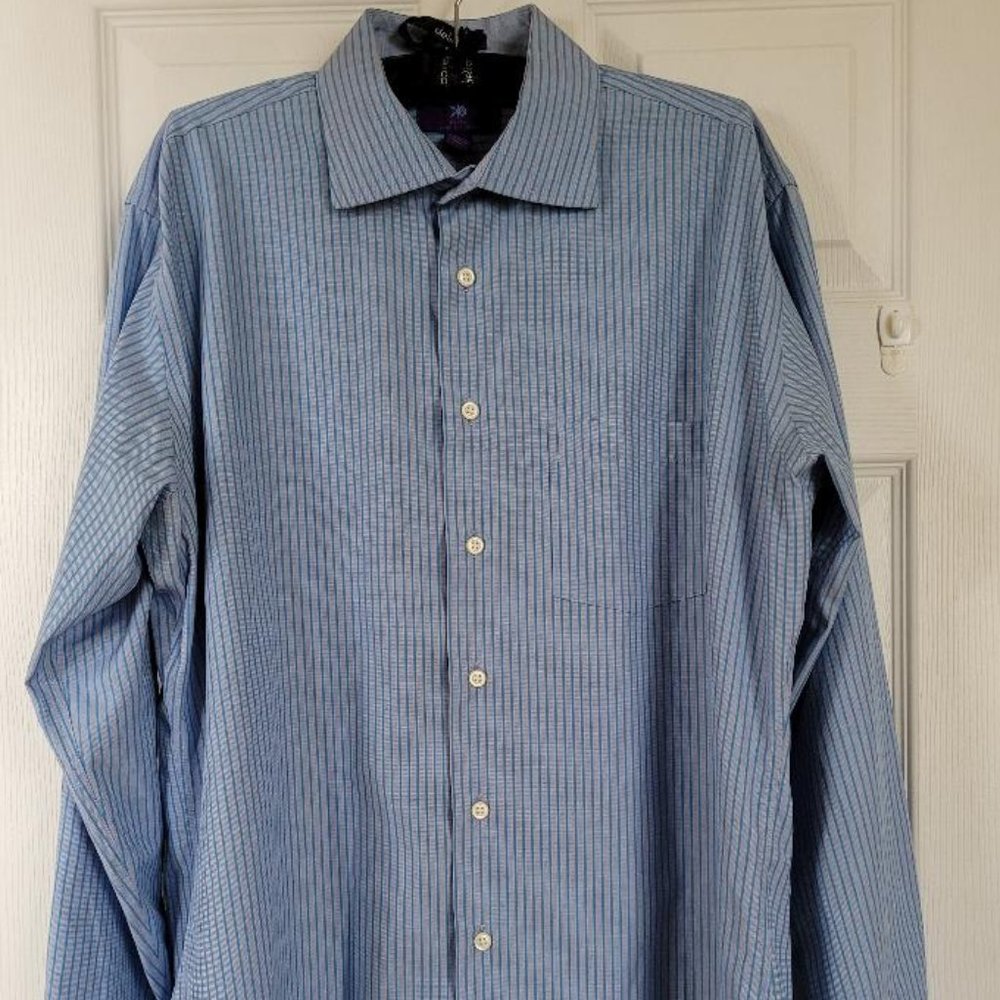 Egara Mens Blue Stripe Slim Fit Button Up Shirt 16